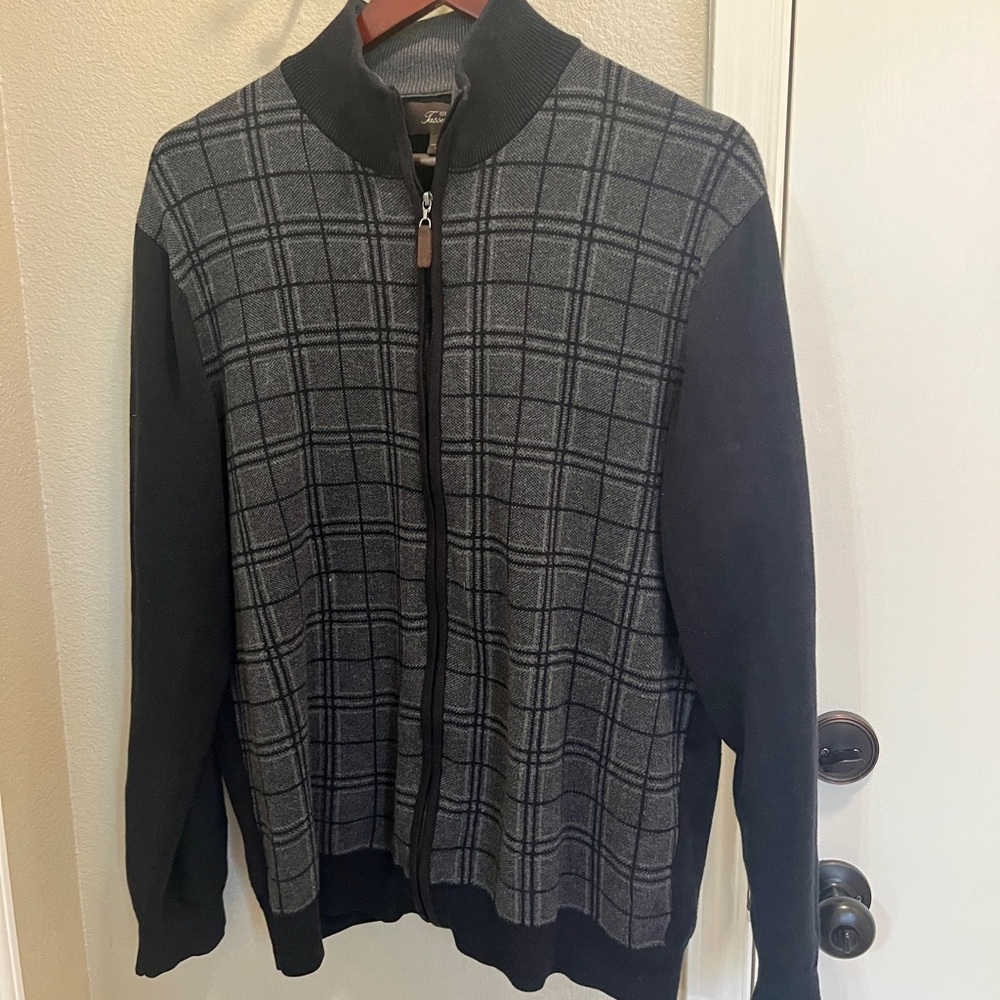 Men's black and gray plaid-front zip cardigan sweater